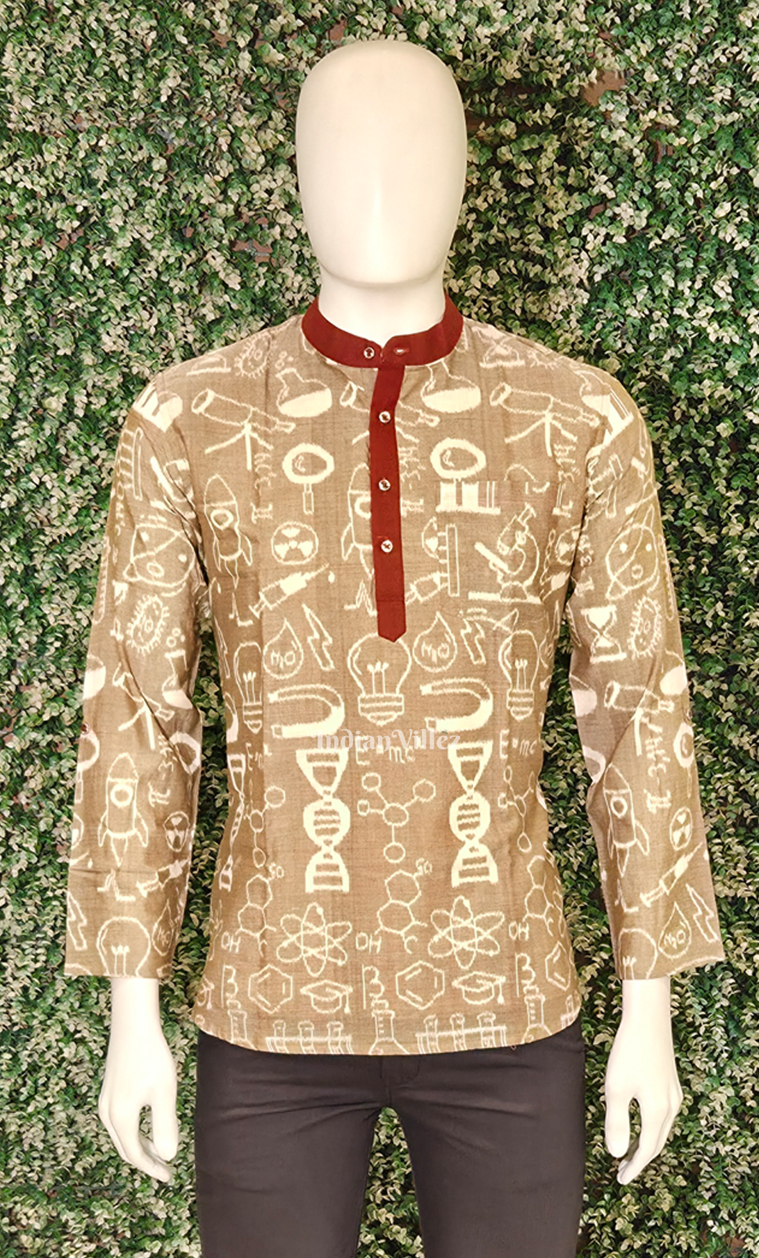 Beige Red Chemical Formula Theme Odisha Ikat Cotton Kurta for Men 