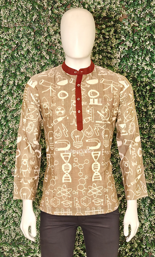 Beige Red Chemical Formula Theme Odisha Ikat Cotton Kurta for Men 