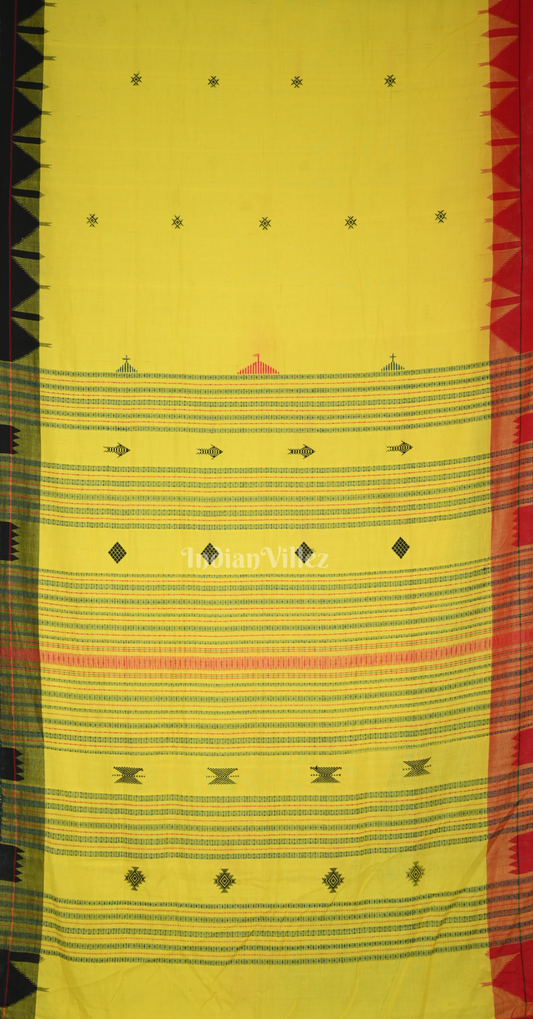 Yellow Red Fish Motif Odisha Handloom Natural Dye Kotpad Cotton Saree