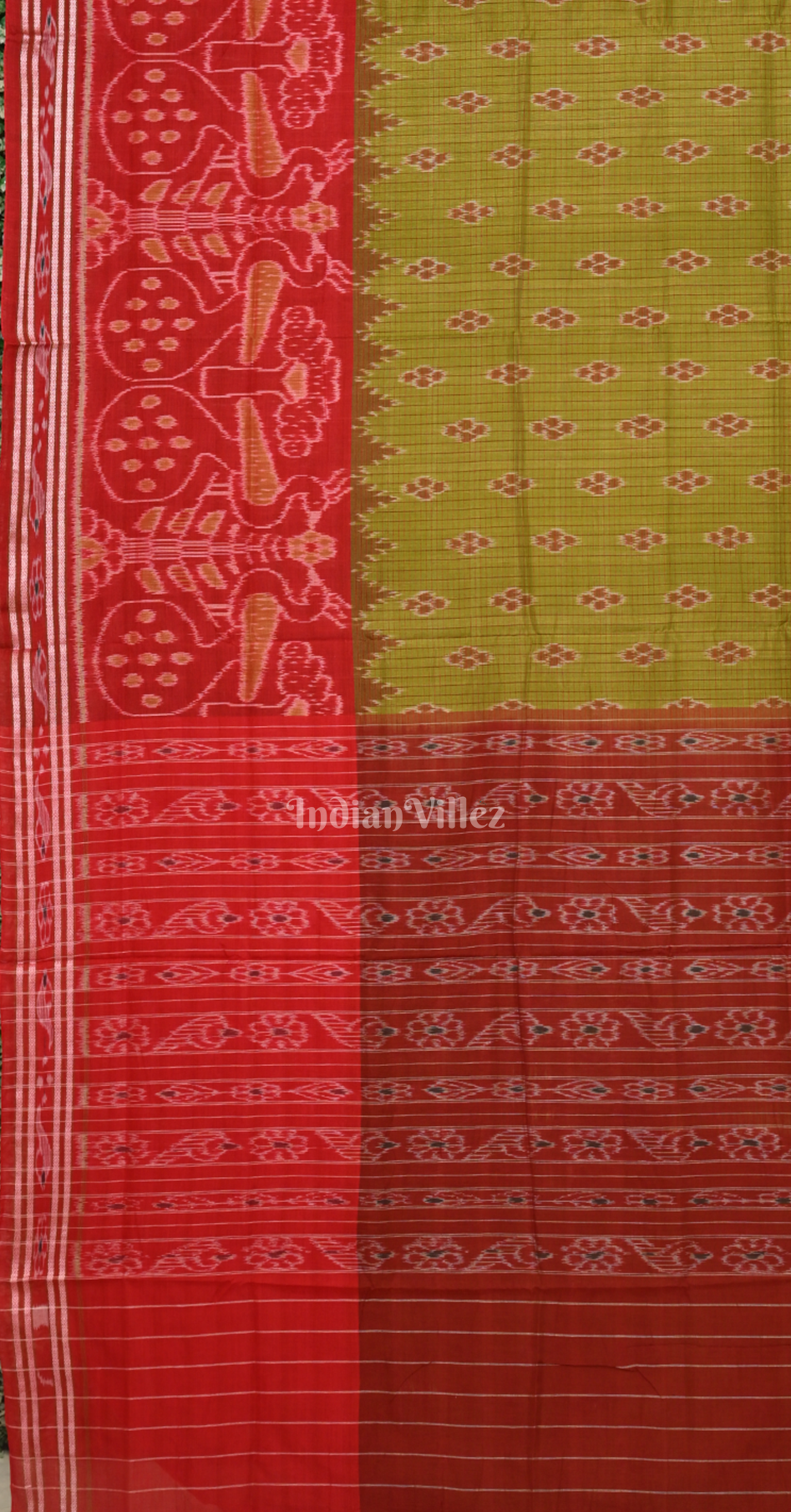 Mehendi Green Maroon Peacock Scott Odisha Ikat Maniabandha Cotton Saree