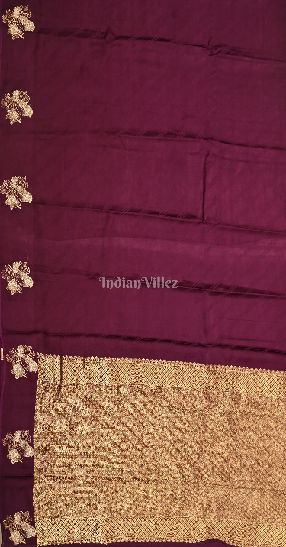 Purple Wine Bird Motif Pure Satin Crepe Silk Banarasi Saree