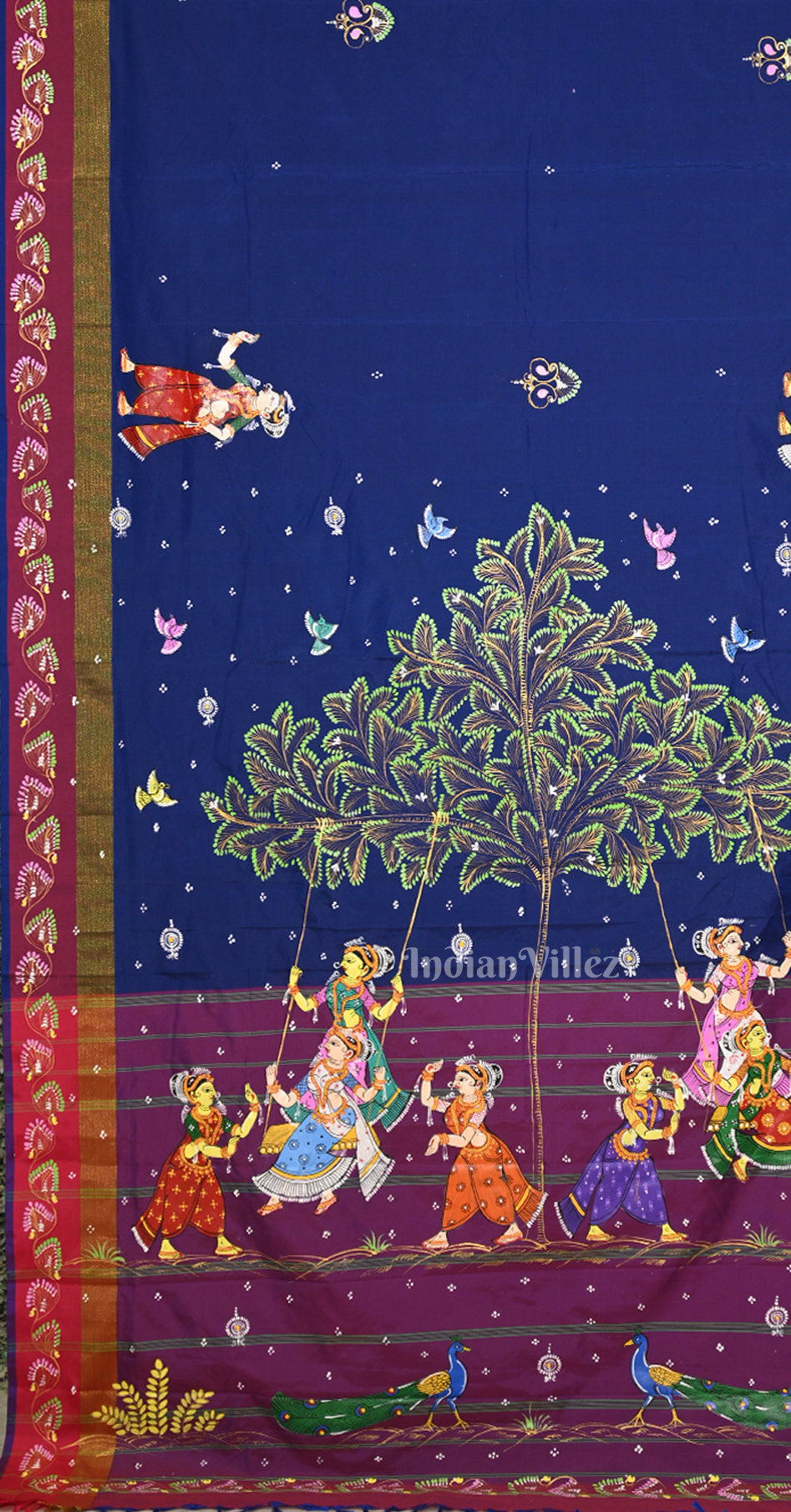 Blue Purple Raja Doli Theme Hand-Painted Pattachitra Saree 