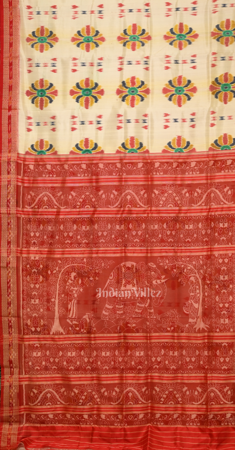Off White Red Baghambari Odisha Ikat Khandua Silk Saree 