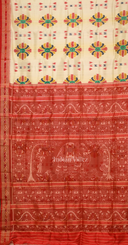 Off White Red Baghambari Odisha Ikat Khandua Silk Saree 