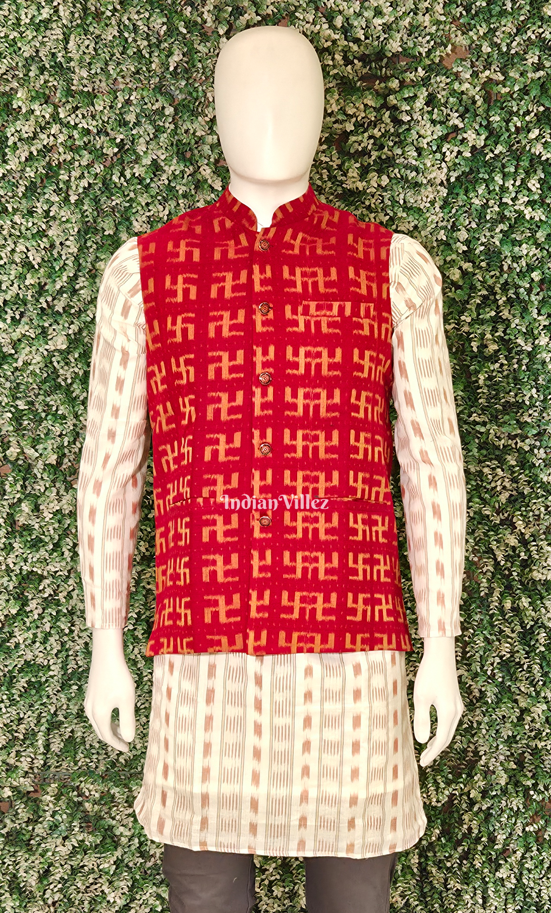 Red Yellow Swastik Odisha Ikat Half Bandi Jacket for Men