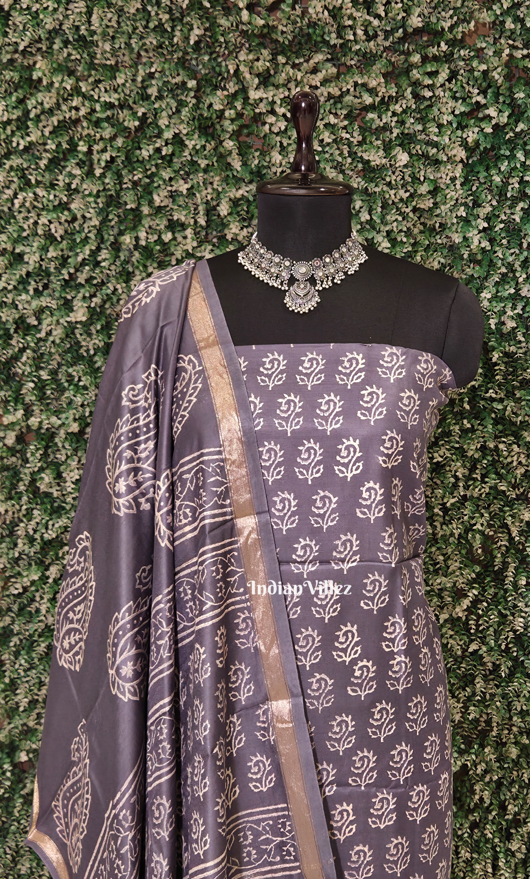 Grey Block Printed Cotton Suit Sets