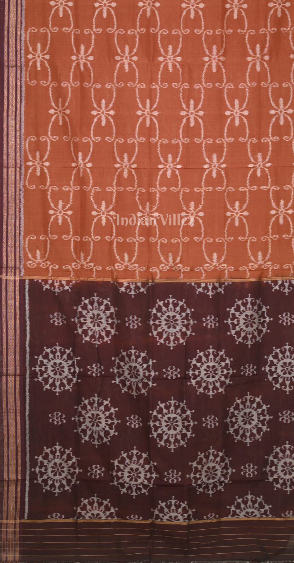Rust Orange Maroon Odisha Ikat Sambalpuri Cotton Saree with Tribal Anchal
