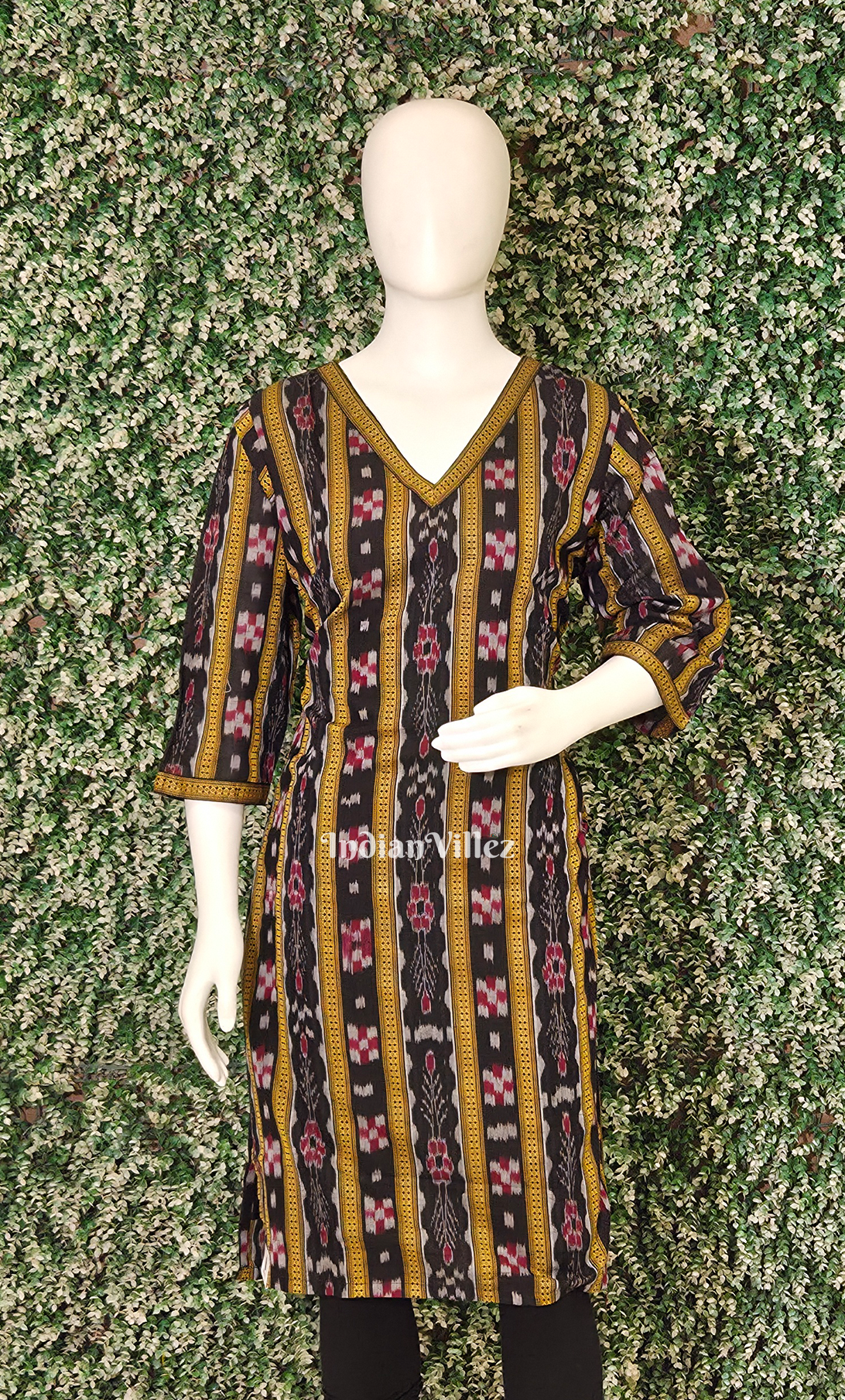 Black with Golden Flower Pasapali Odisha Ikat Designer Cotton Kurti for Women