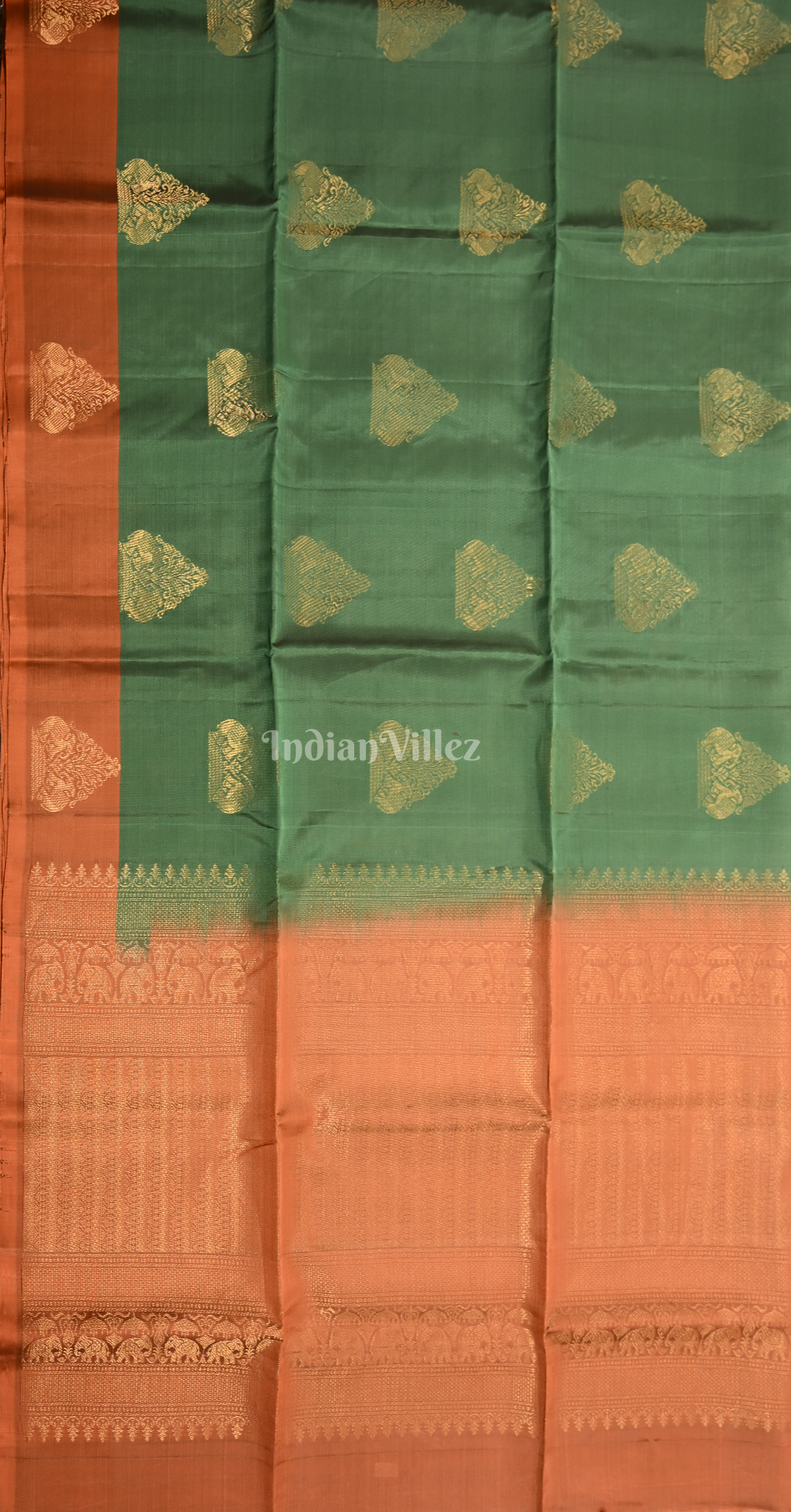 Green Rust Orange Zari Pure Kanjivaram Soft Silk Saree