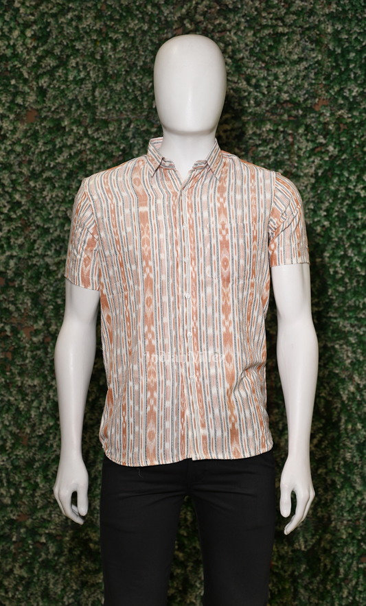 White Brown Odisha Ikat Cotton Half Sleeve Shirt for Men