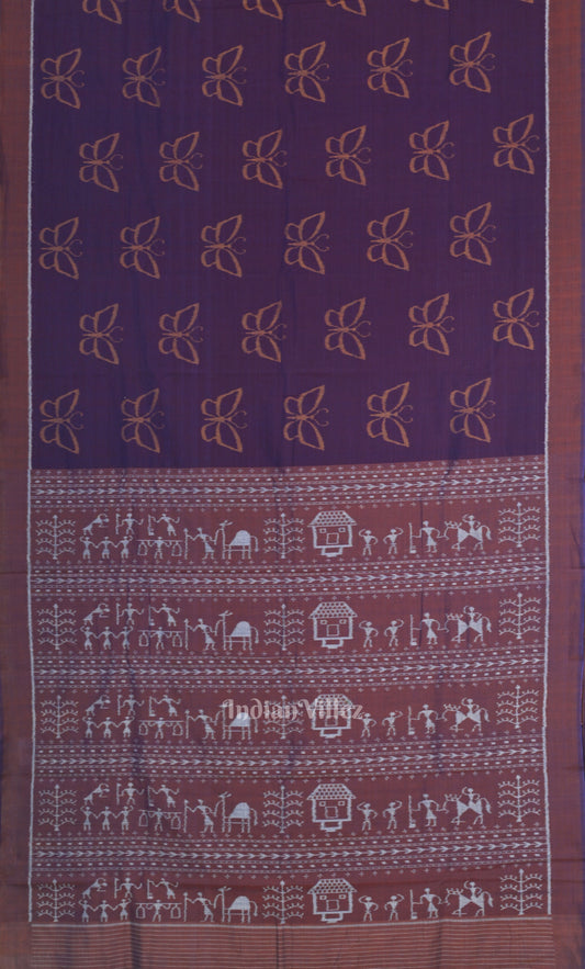 Purple Maroon Butterfly Theme Odisha Ikat Sambalpuri Cotton Saree with Tribal Anchal