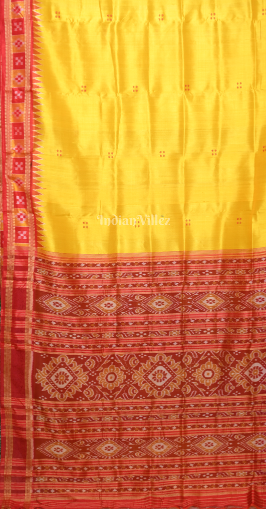 Yellow Maroon Buti Design Pasapali Border Odisha Ikat Khandua Silk Saree 