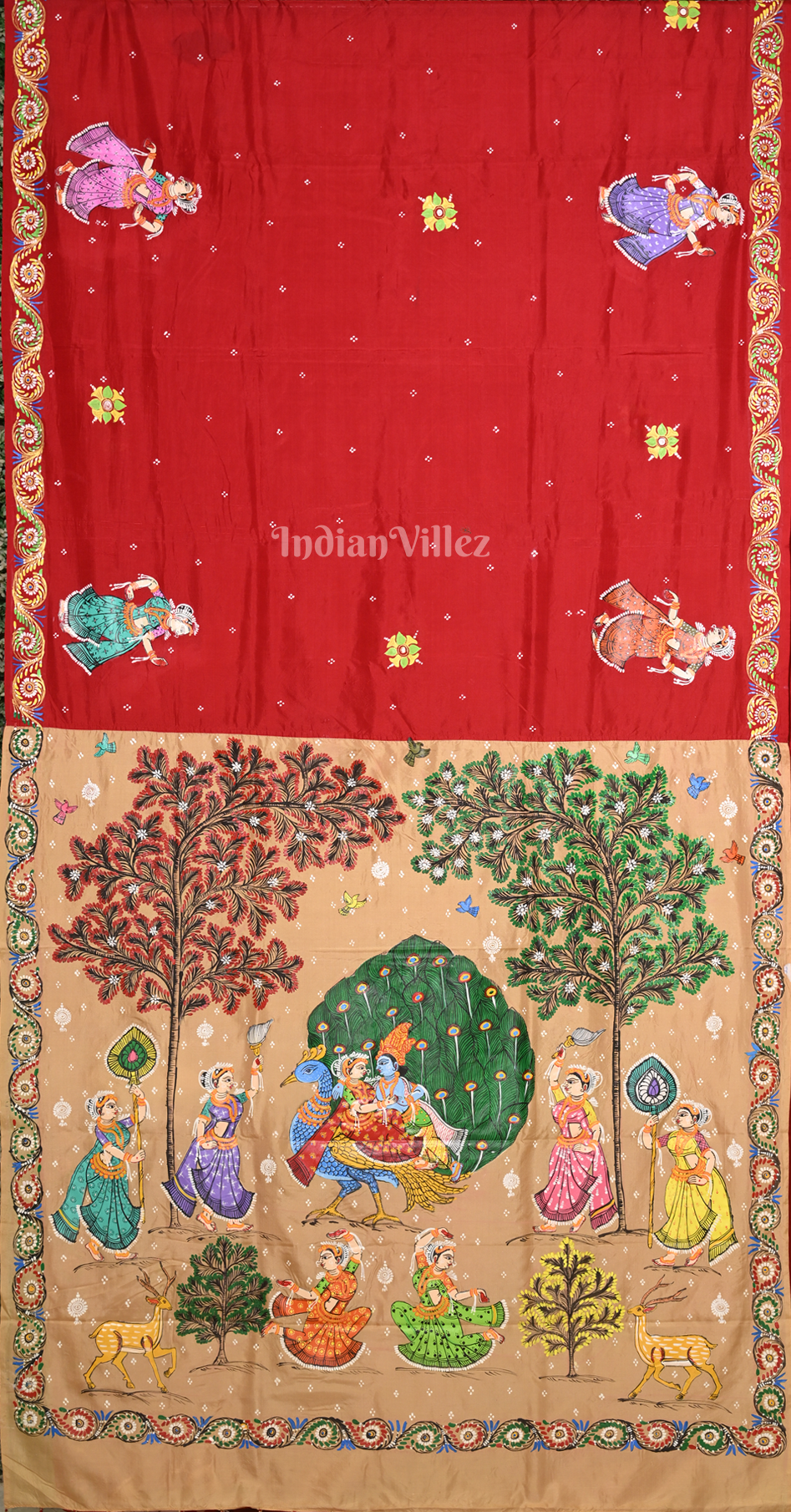Red Beige (Mayur) & Nartaki Theme Hand-Painted Pattachitra Saree 