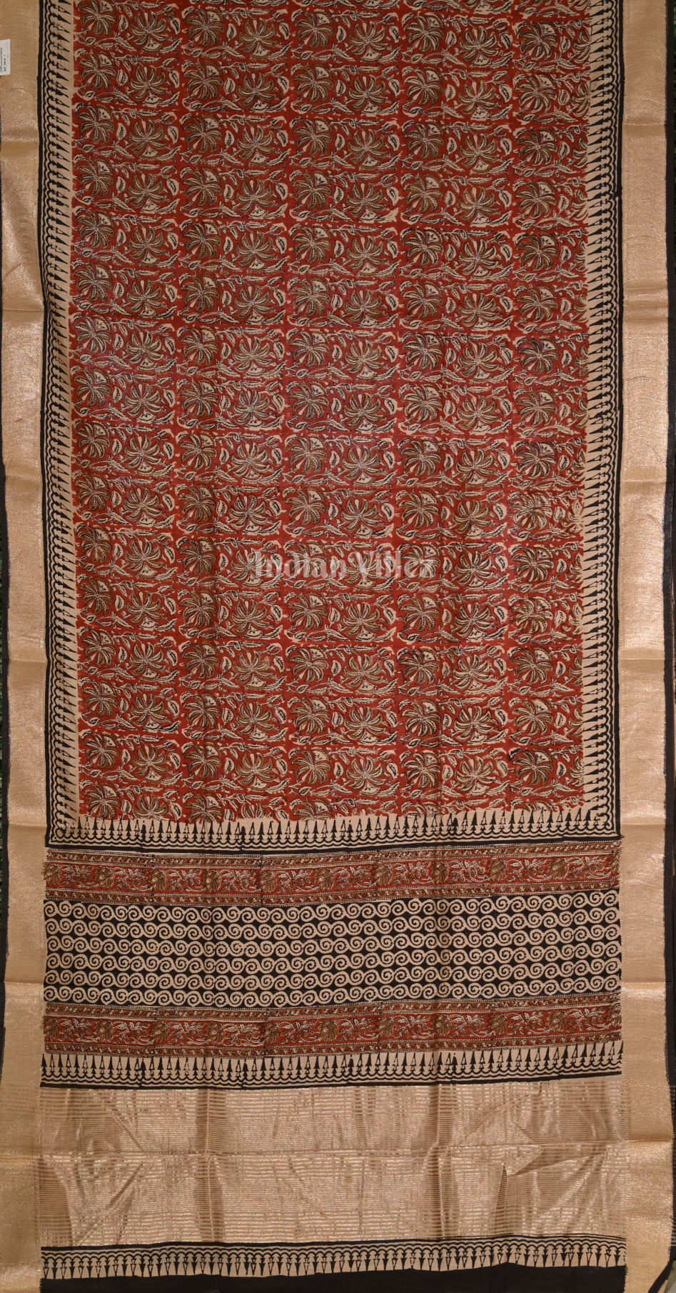 Maroon Black Block Printed Bagru Cotton Saree 