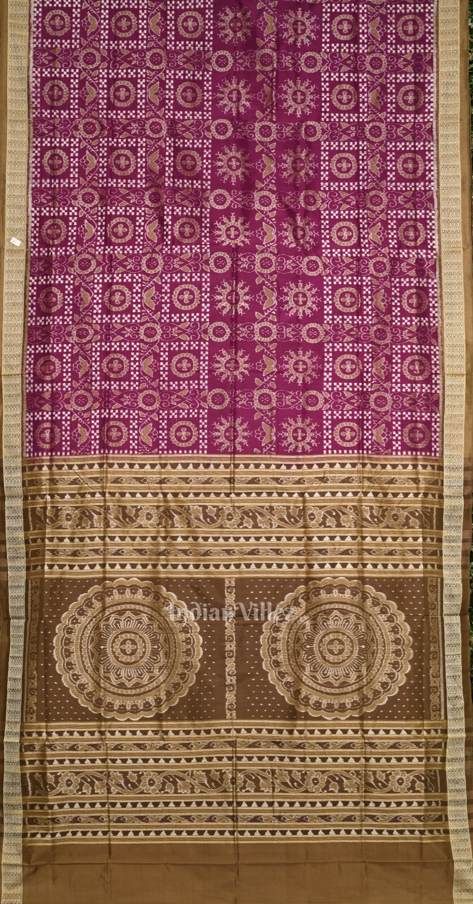 Magenta Pink Brown Pasapali Flower Motif Odisha Ikat Sambalpuri Silk Saree 