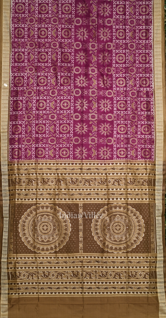 Magenta Pink Brown Pasapali Flower Motif Odisha Ikat Sambalpuri Silk Saree 