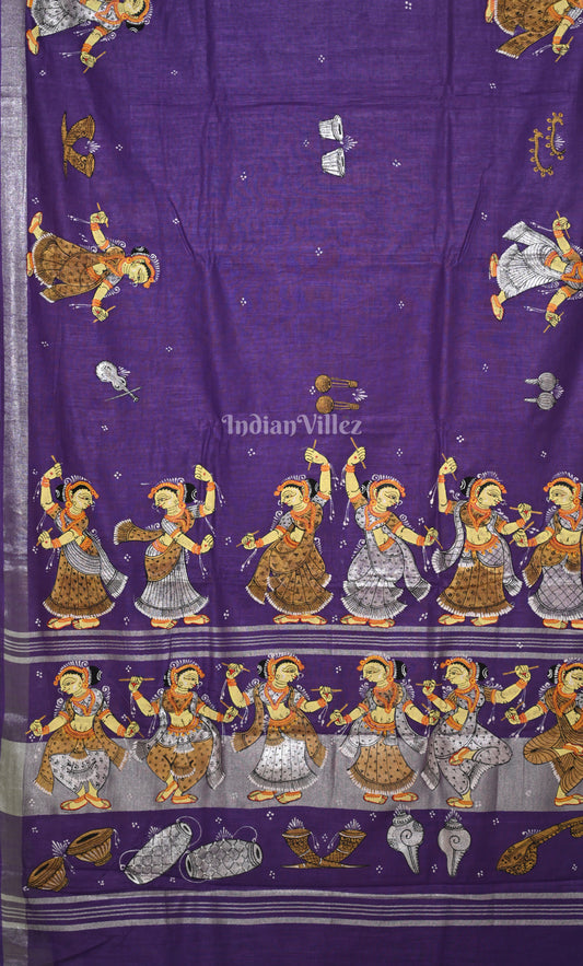 Blue Dandiya Raas Theme Hand-painted Pattachitra Saree 