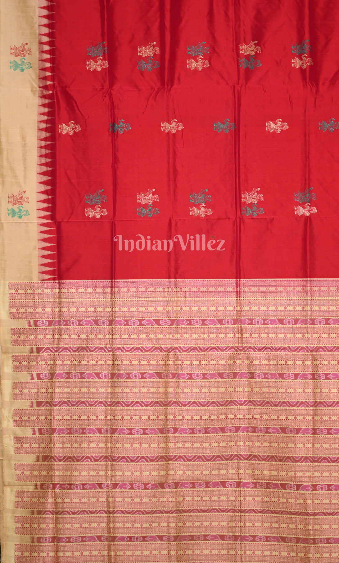 Red Beige Tribal Doli Sawari Odisha Ikat Bomkai Sambalpuri Silk Saree