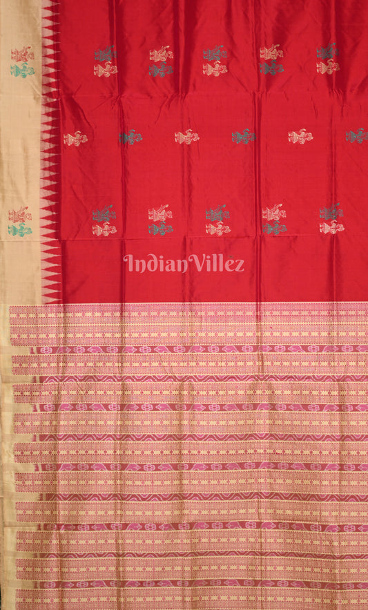 Red Beige Tribal Doli Sawari Odisha Ikat Bomkai Sambalpuri Silk Saree