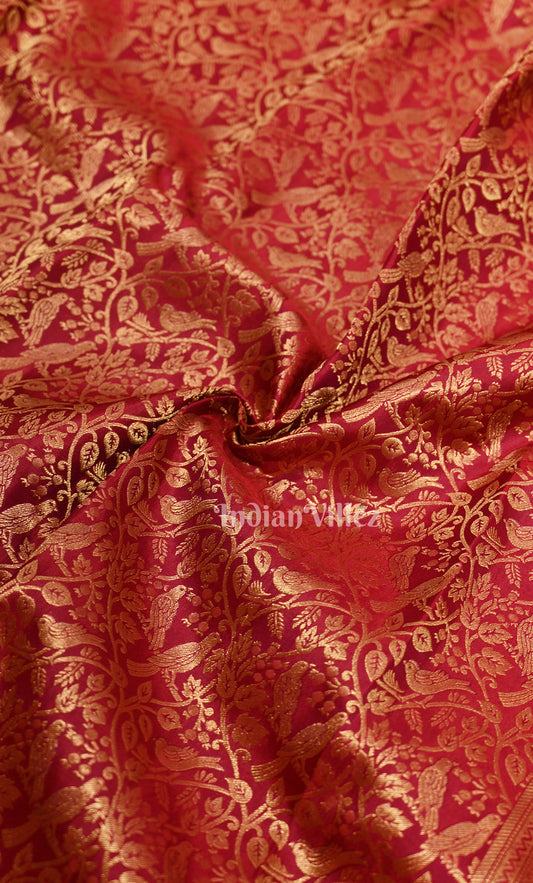 wedding Special Red Floral Bird Brocade Pure Kanjivaram Silk Saree 