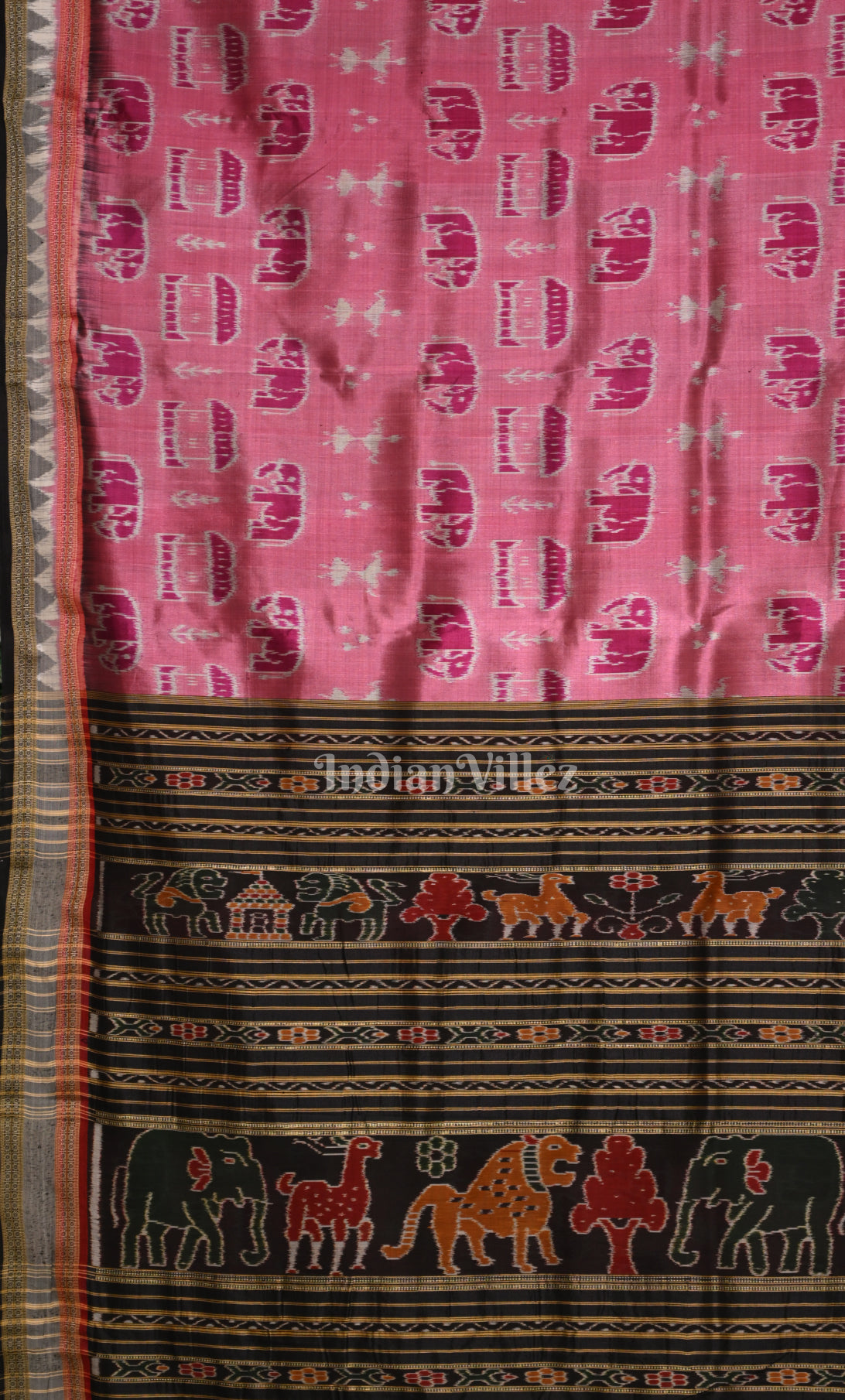 Onion Pink Black  Tribal Theme Odisha Ikat Khandua Silk Saree 