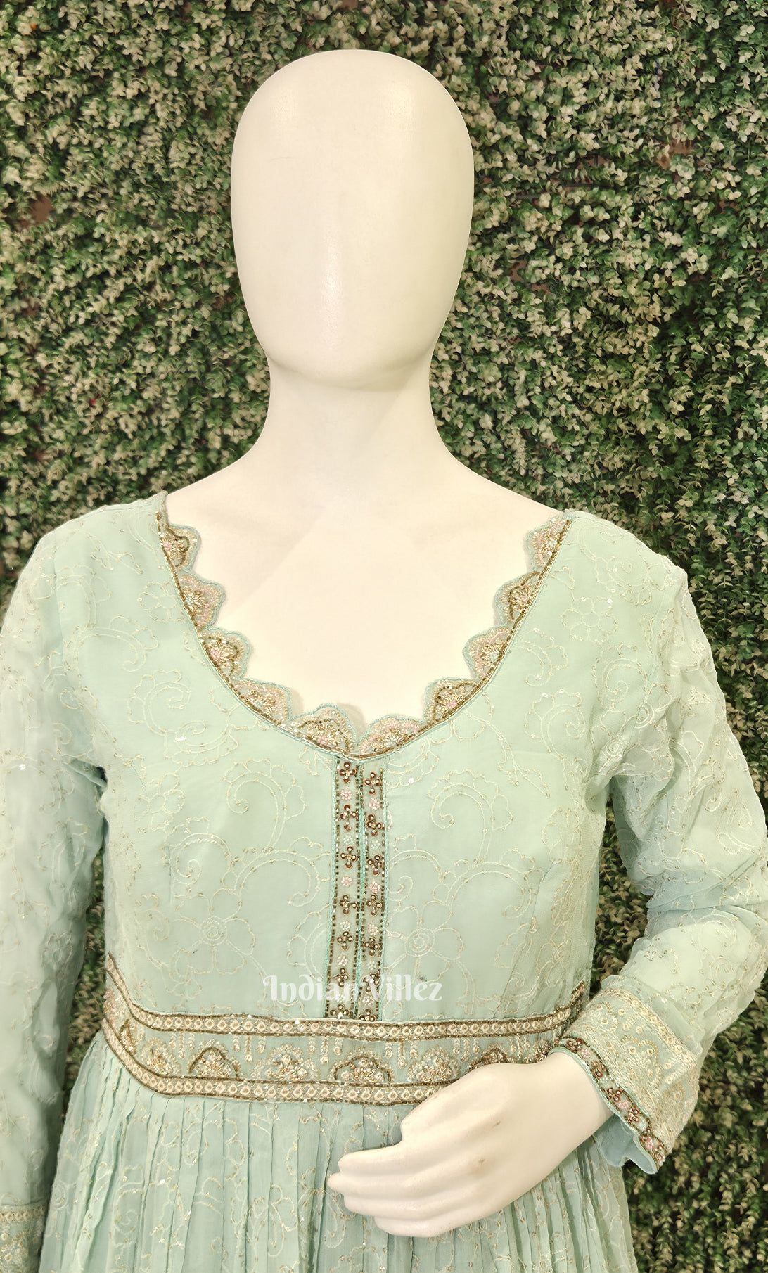 Designer Sea Green Georgette Gown with Embroidery