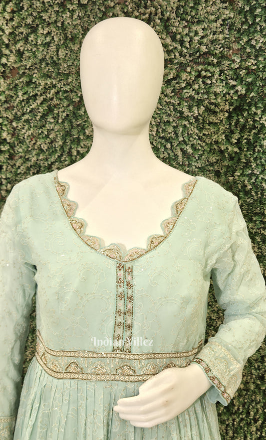 Designer Sea Green Georgette Gown with Embroidery