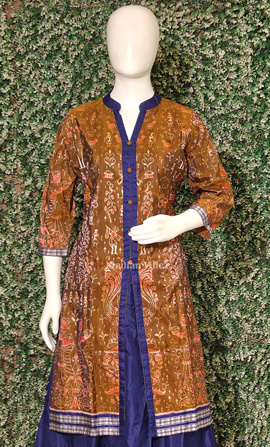 Rust Brown Blue Tribal Theme Odsiha Ikat Silk Kurti Set with Skirt