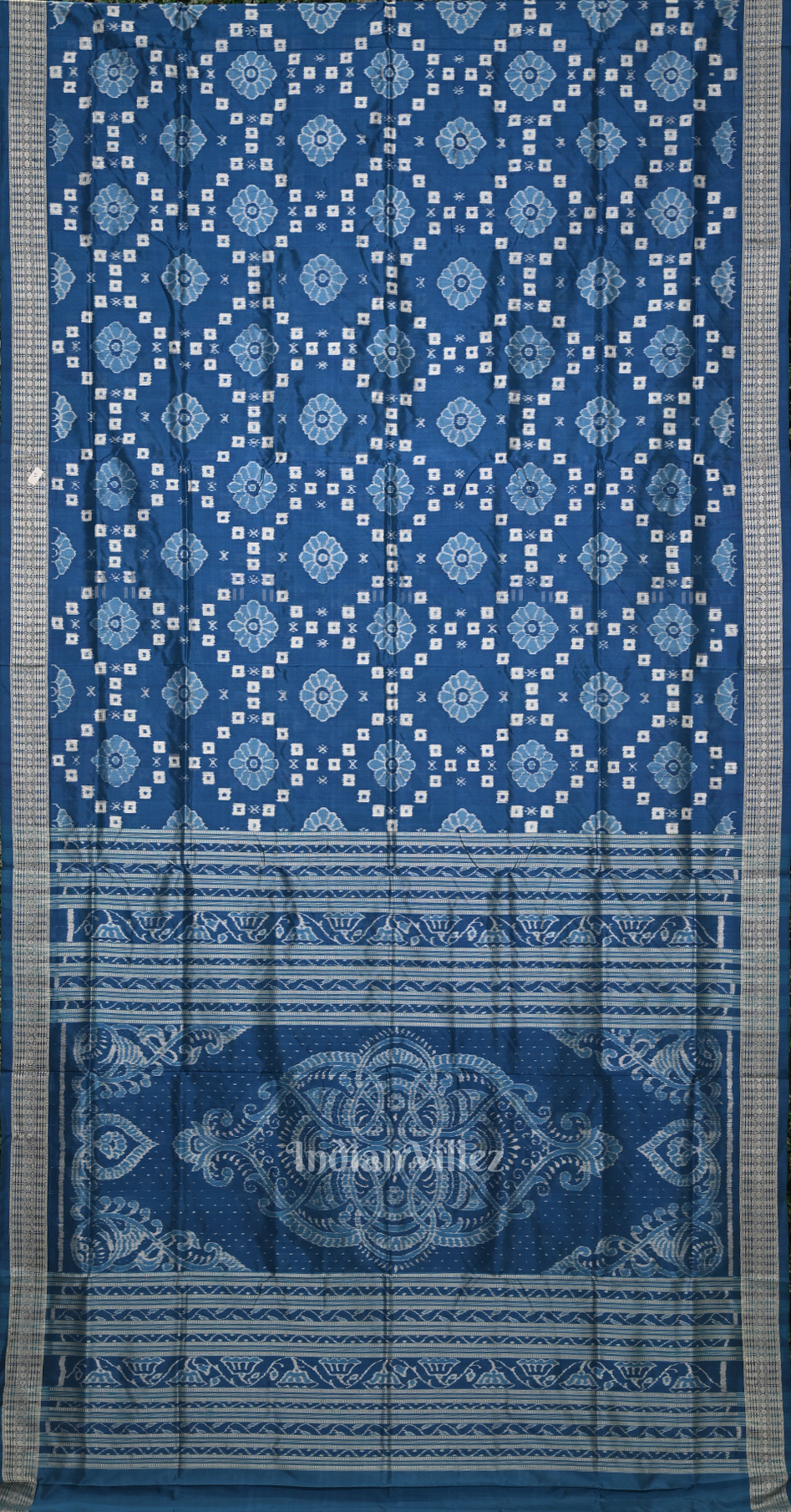 Peacock Blue Pasapali & Flower  Design Odisha Ikat Sambalpuri Silk Saree
