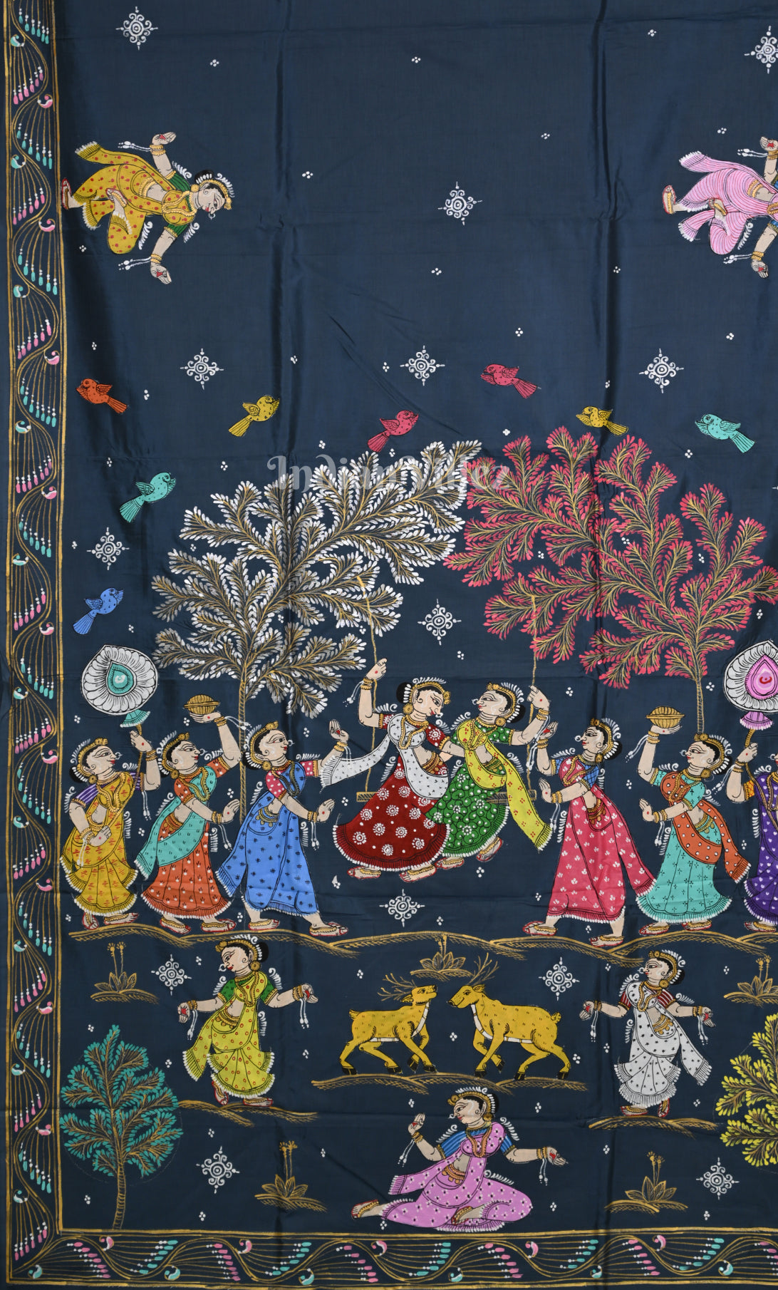 Grey Raja Doli Theme Hand-Painted Pattachitra Saree