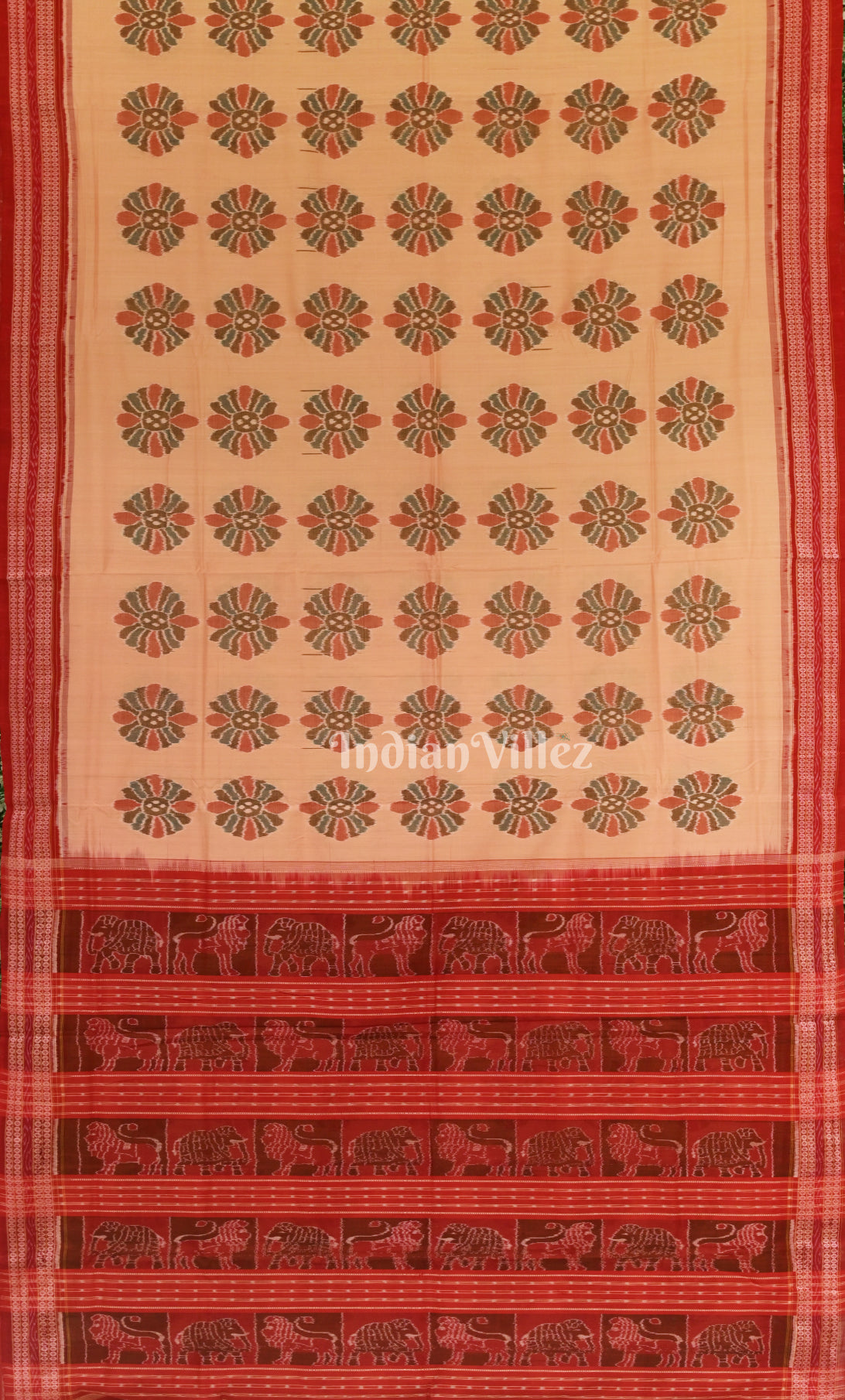 Cream Red Floral Motif Sambalpuri Cotton Saree with Jungle Anchal