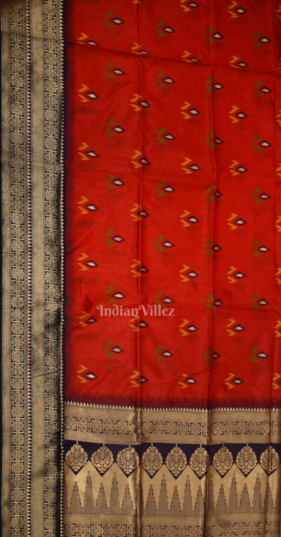 Red Blue Ikat Saree with Zari Border Tussar Silk