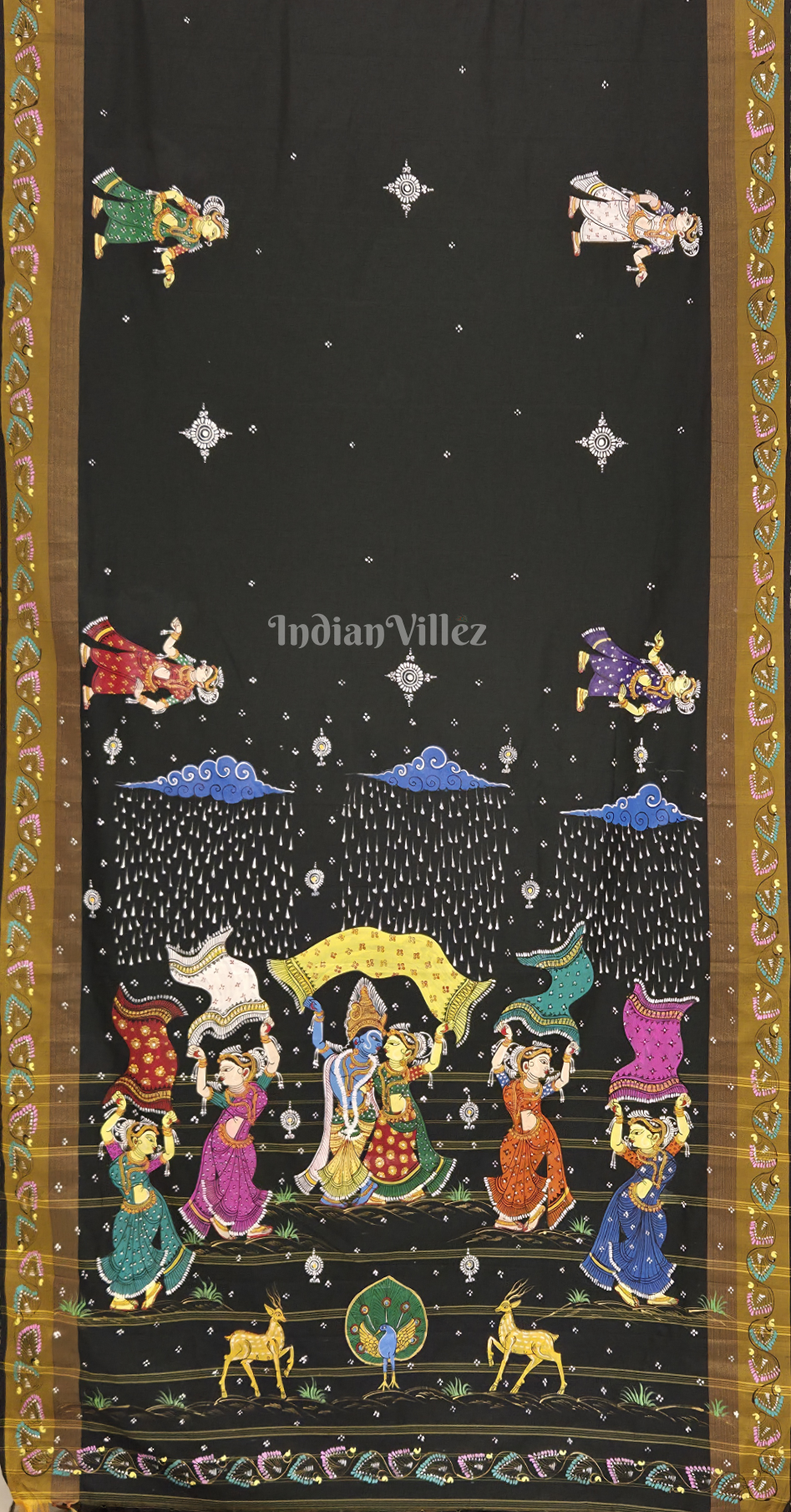 Bottle Green Giri Govardhan Theme Hand-Painted Pattachitra Saree