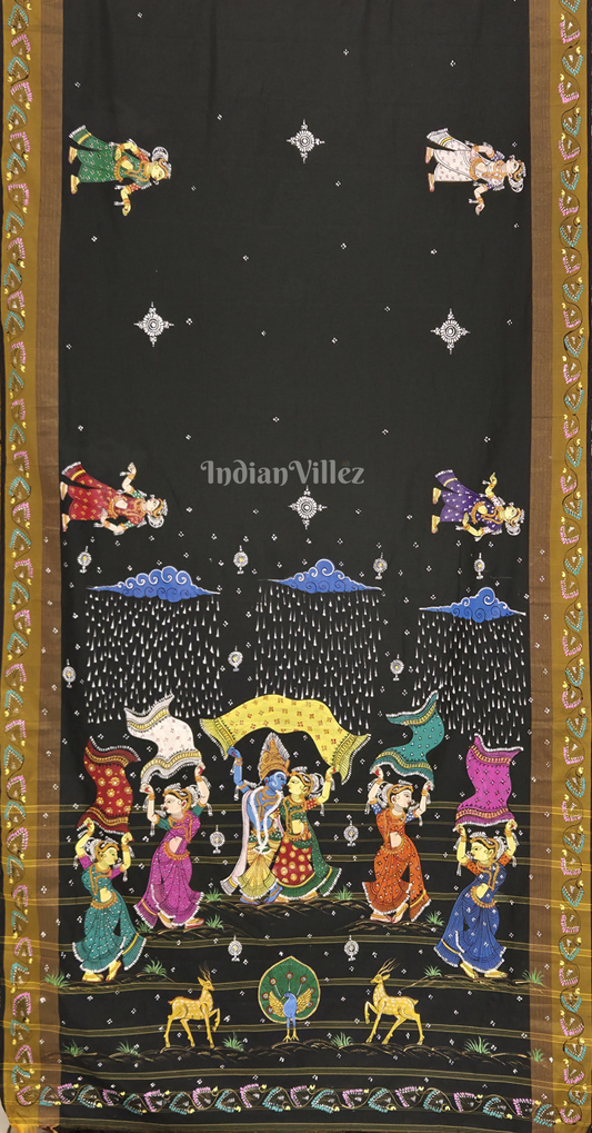 Bottle Green Giri Govardhan Theme Hand-Painted Pattachitra Saree