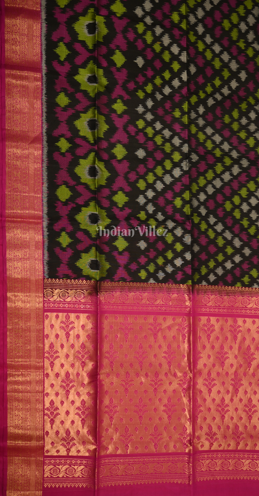 Black Rani Pink Pochampally Ikat Silk Saree