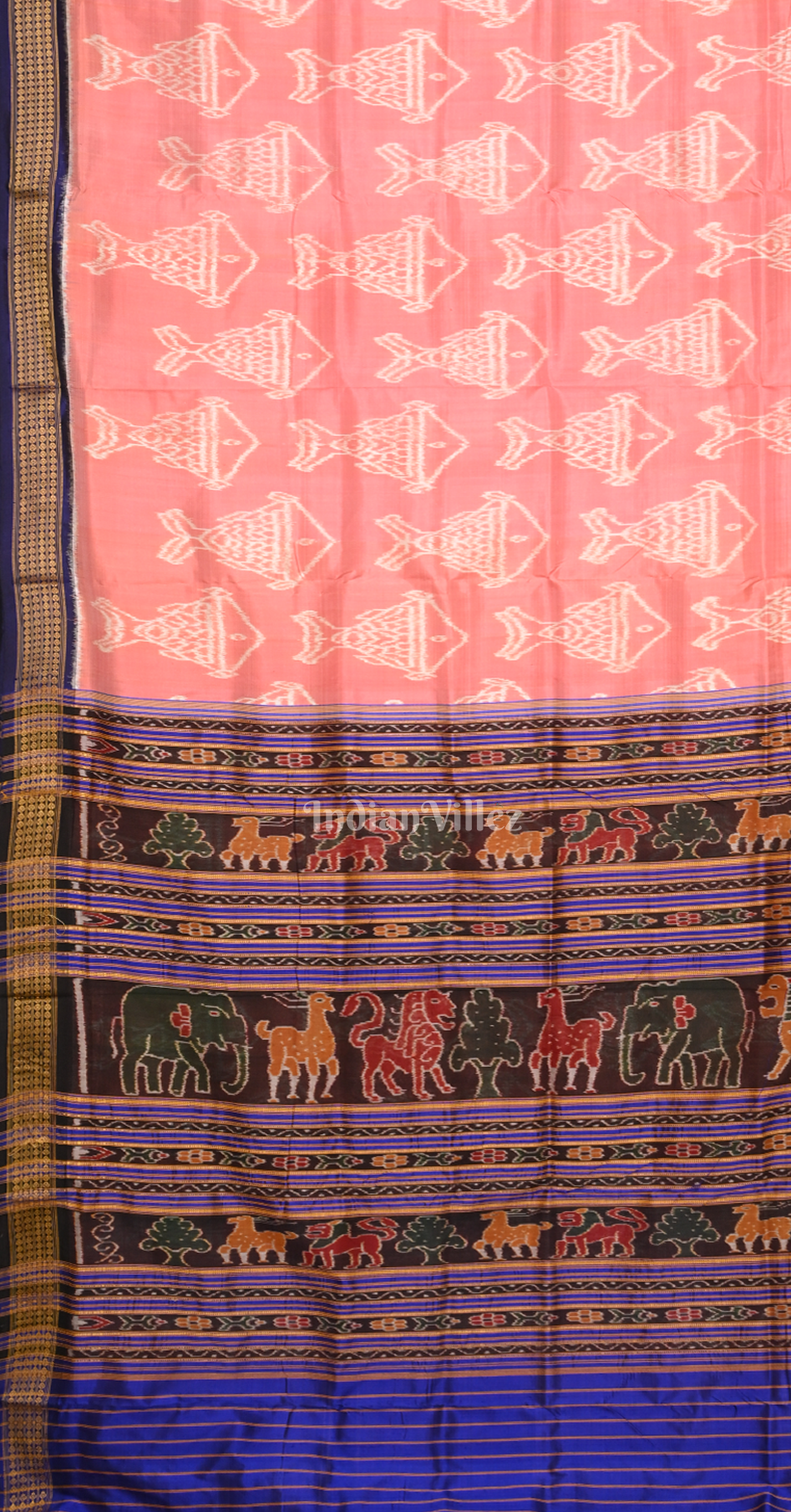 Peach Pink Blue Fish Motif Odisha Ikat Khandua Silk Saree 