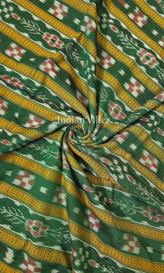 Dark Green Yellow Odisha Ikat Sambalpuri Cotton Fabric