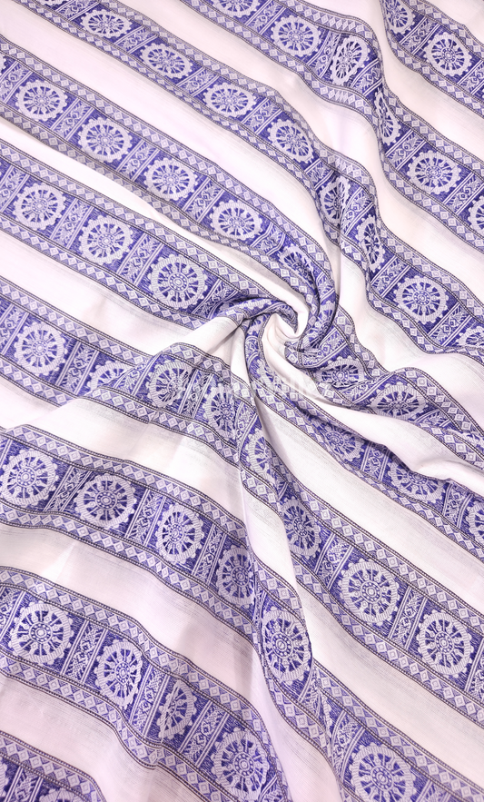 White Blue Konark Chakra Theme Odisha Ikat Cotton Fabric 