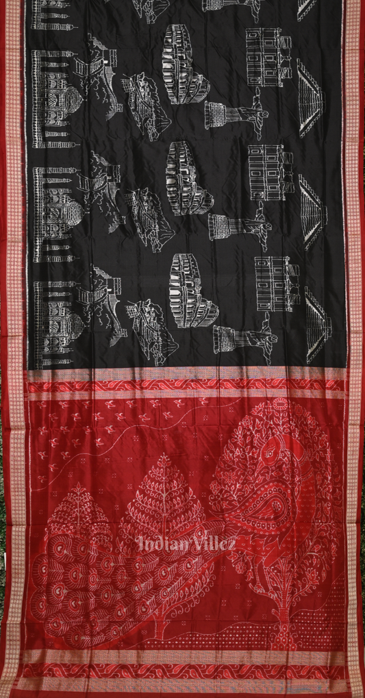 Black Red Natural Dyed Odisha Ikat Sambalpuri Silk Saree ( 7 Wonders of the World)