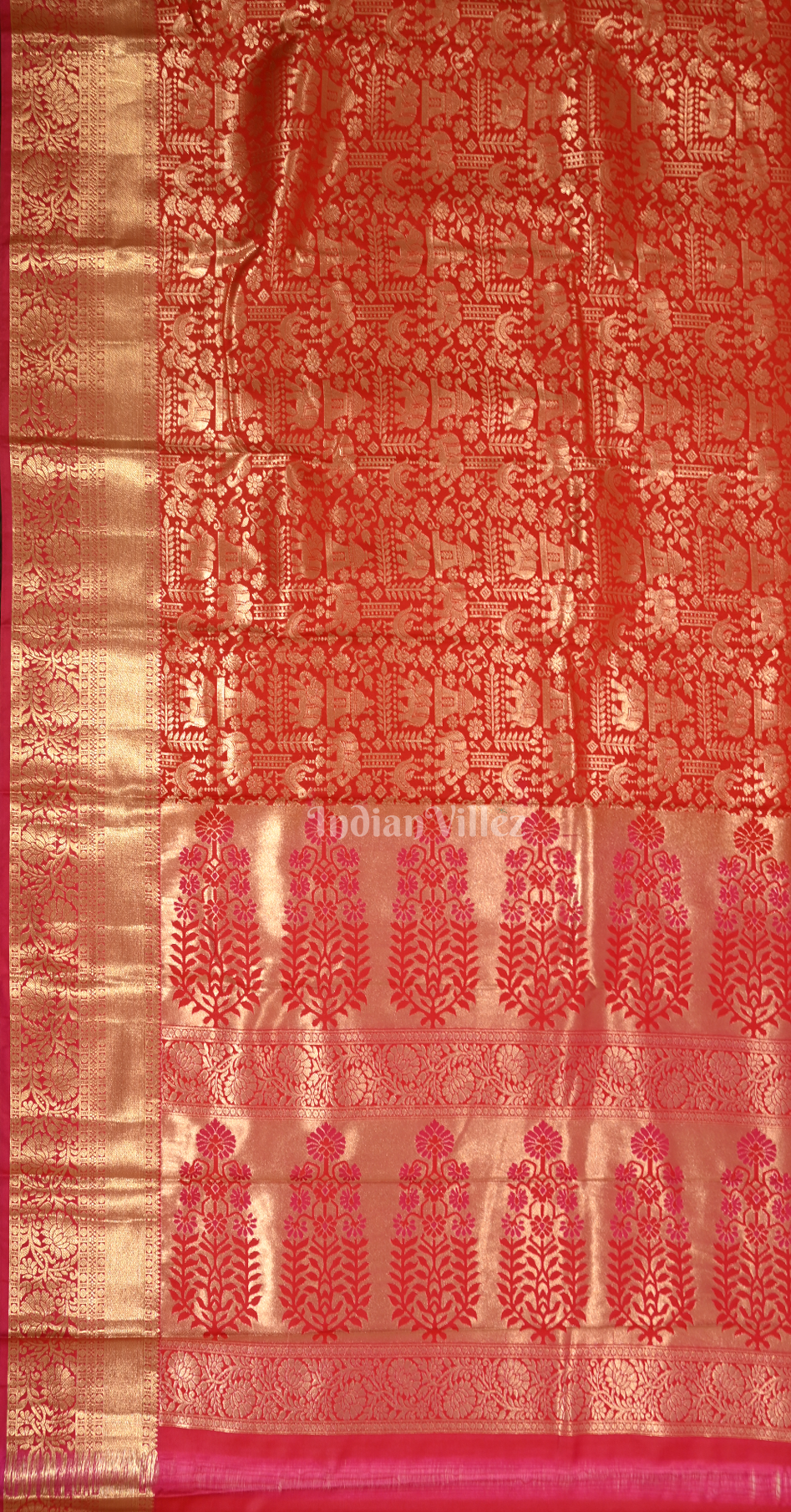 Exclusive Red  Elephant & Temple Motif Floral Pure Brocade Kanjivaram Silk Saree 