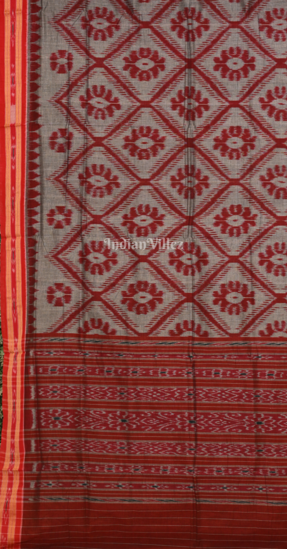 Grey Maroon Bada Phula Odisha Ikat Maniabandha Cotton Saree 