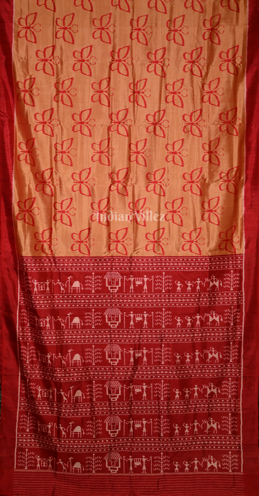 Light Orange Red Butterfly Theme Odisha Ikat Contemporary Designer Silk Saree