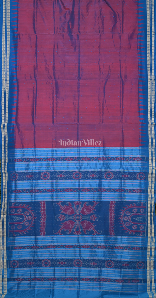 Magenta Pink Sky Blue Buti Design Odisha Ikat Bomkai Silk Saree 
