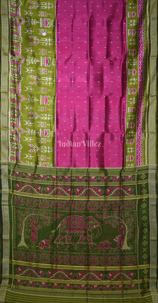 Magenta Pink Green Tribal Theme Odisha Ikat Sambalpuri Silk Saree with Elephant Anchal
