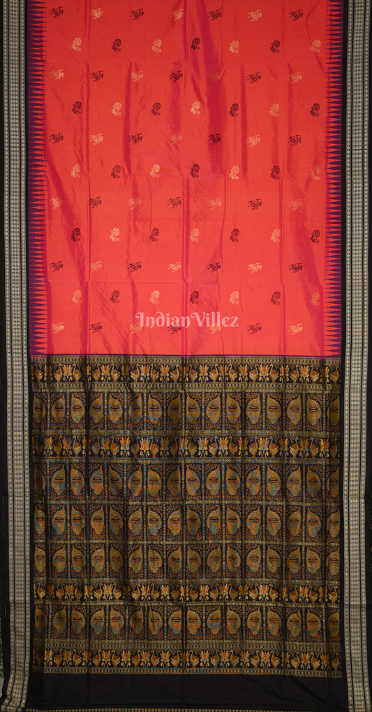 Orange Black Tribal Theme Odisha Ikat Bomkai Sambalpuri Silk Saree