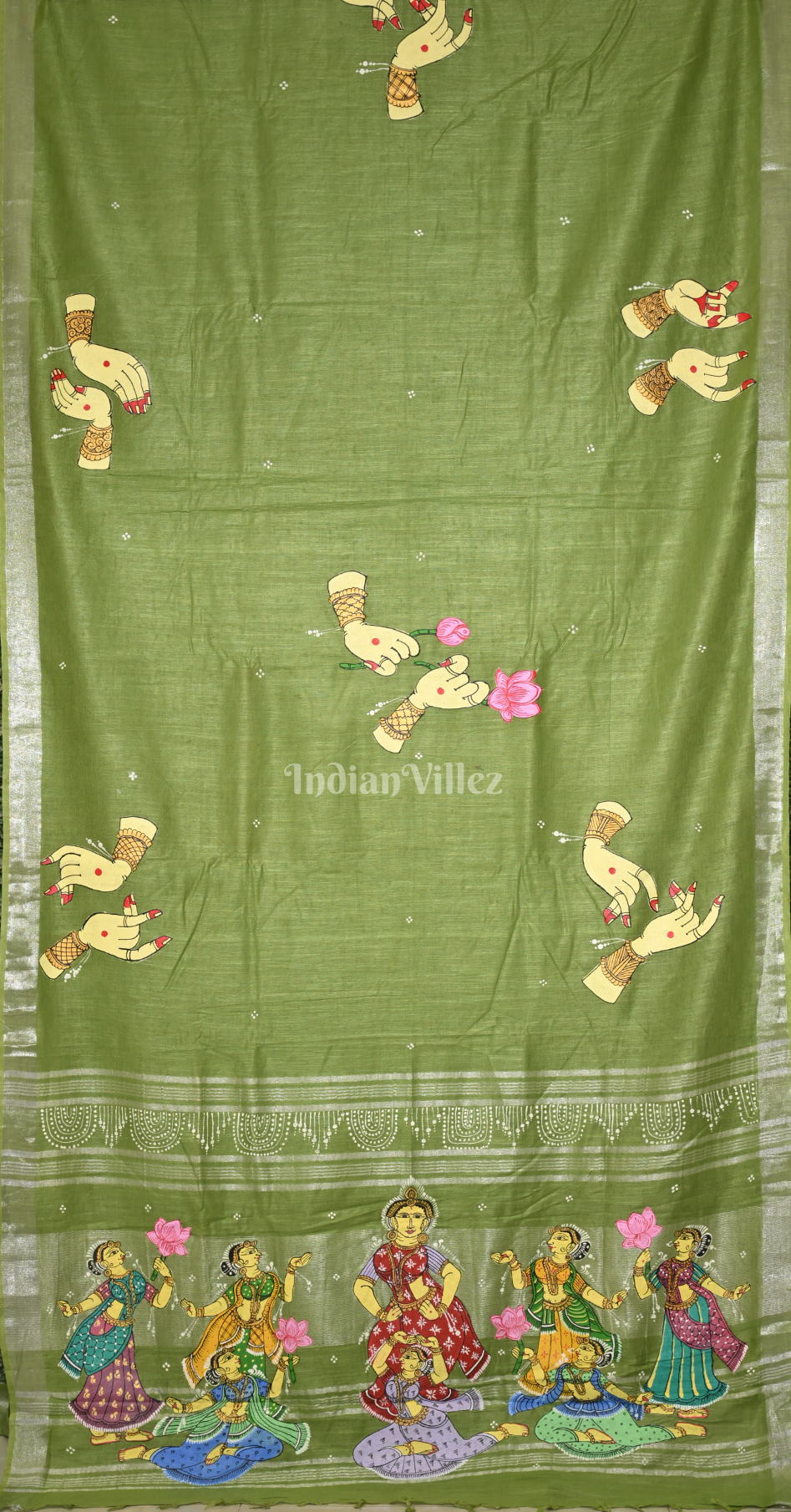 Mehendi Green Mudra Theme Hand-Painted Pattachitra Saree