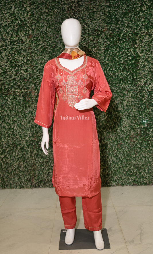 Red Embroidered  Kurta Pant with Dupatta Set 