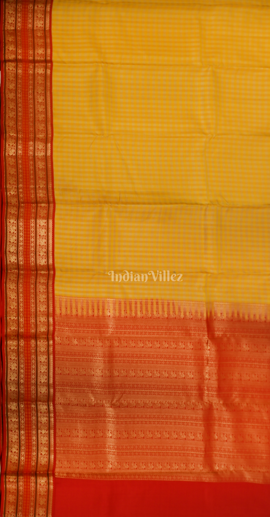 Exclusive Yellow Red Check Brocade Pure Kanjivaram Silk Saree 