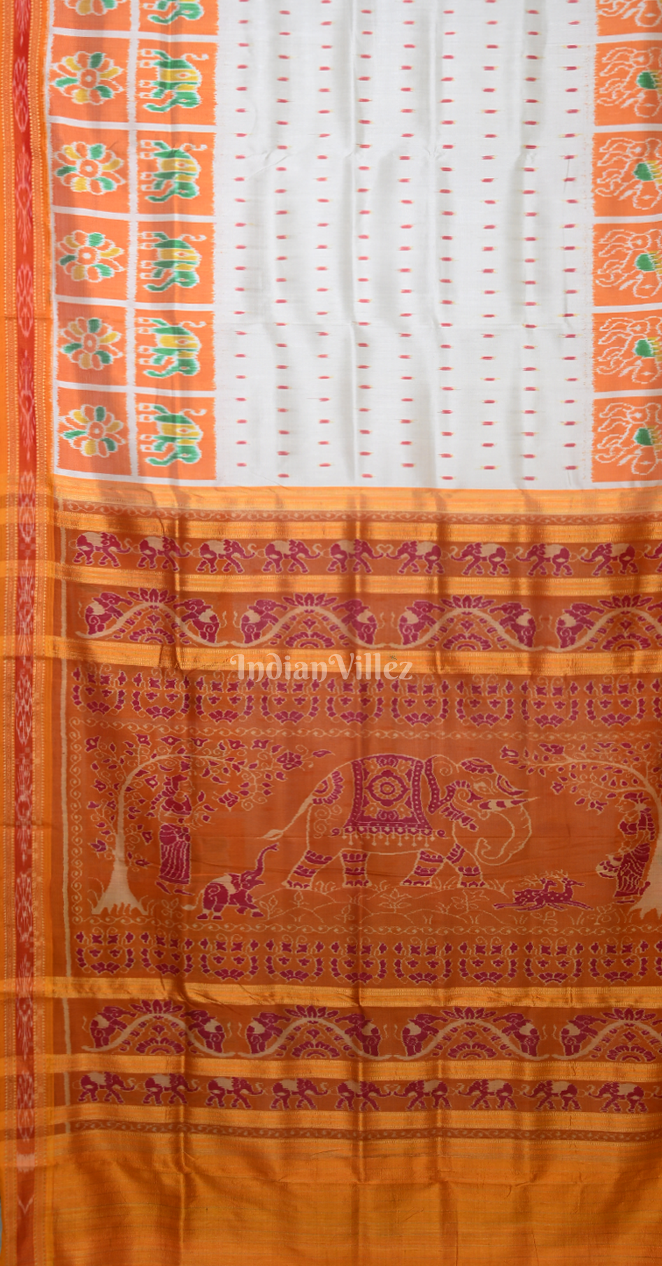 White Yellow Dot Half Odisha Ikat Khandua Silk Saree with Elephant Anchal