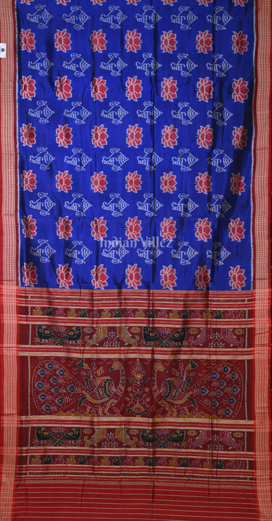 Blue Red Sankha Lotus Motif Odisha Ikat Sambalpuri Silk Saree